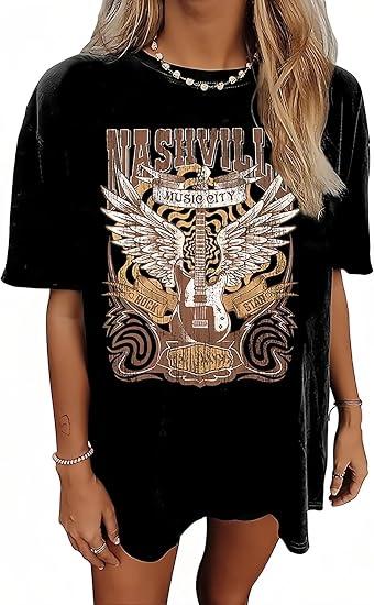 Oversized Country Music T-Shirt Women Crew Neck Summer Short Sleeve Oversized Rock Band Tee Tops, Small