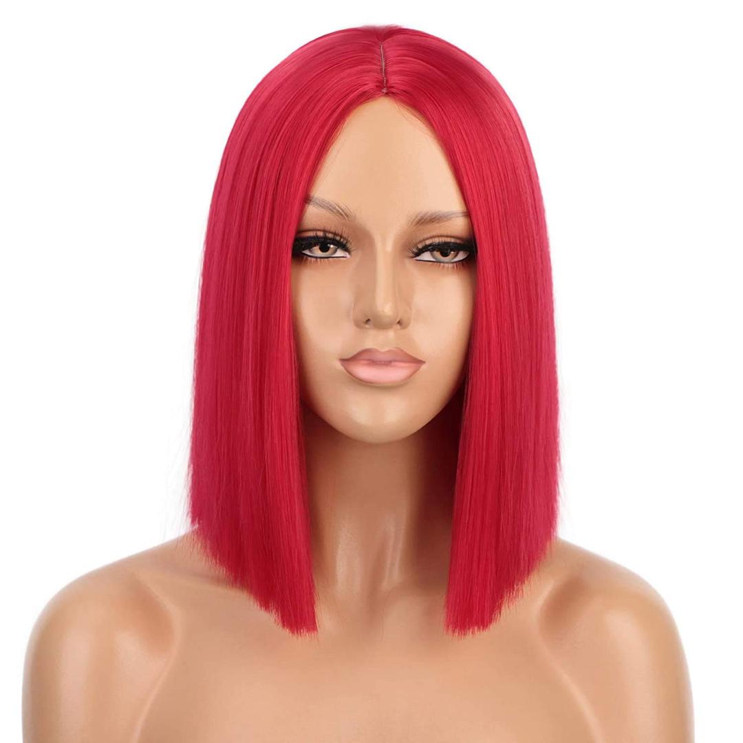 Red Wig Synthetic Straight Hair Middle Part Wig Shoulder Length Bob Wigs for Women Colorful Bob Wigs for Party & Cosplay Use