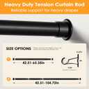 Tension Curtain Rod 43-104 Inches Extra Long Black Heavy Duty Tension Rods Adjustable Curtain Rod No Drilling Spring Loaded Tension Rod for Windows Patio Hold Up Blackout Curtains and Non Slip