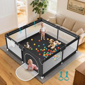 Baby Playpen 64x64 Inch for Babies and Toddlers Indoor & Outdoor | Large Baby Play Yard, Safe & Sturdy, Easy-Assembly, Non-Slip, Easy to Clean, Black, Lightweight, External Zipper Door