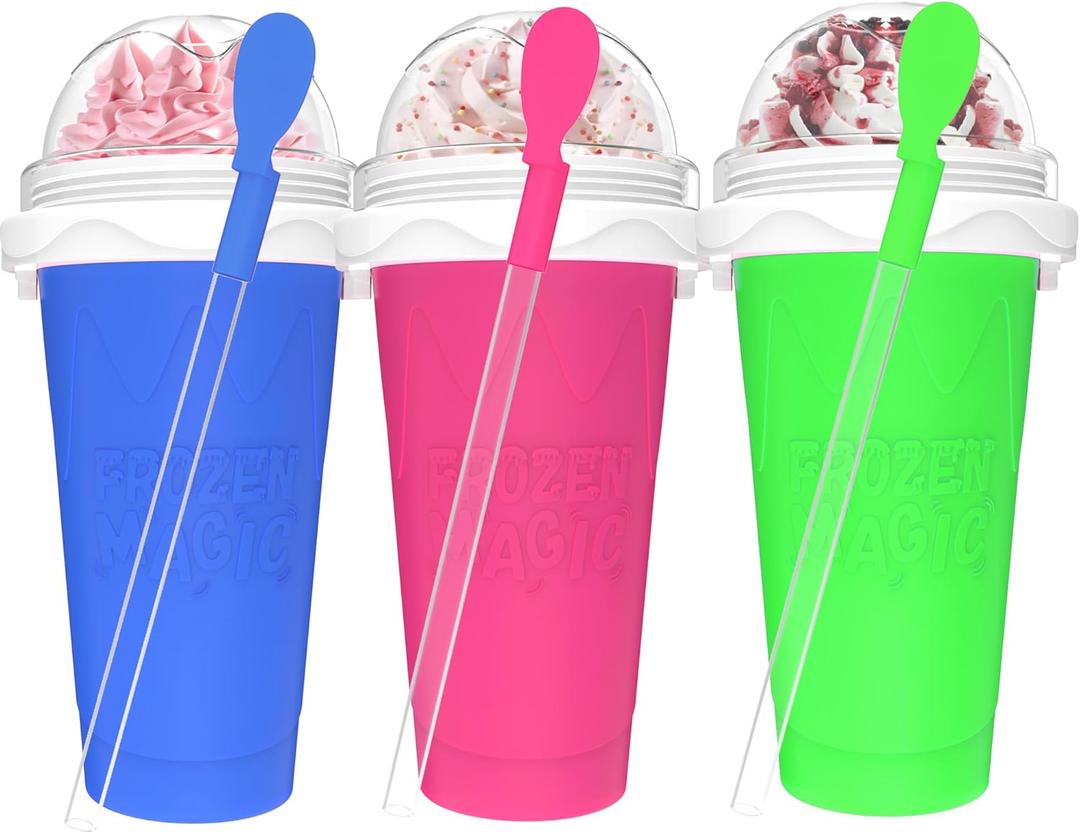 3PCS Slushie Maker Cup, Quick Frozen Magic Cups for Homemade Milk Shake Ice Cream Maker, Double Layer Squeeze Slushy Maker Cup, Birthday Gifts for Kids,Friends,Family (Pink+Bule+Green) (350ML)