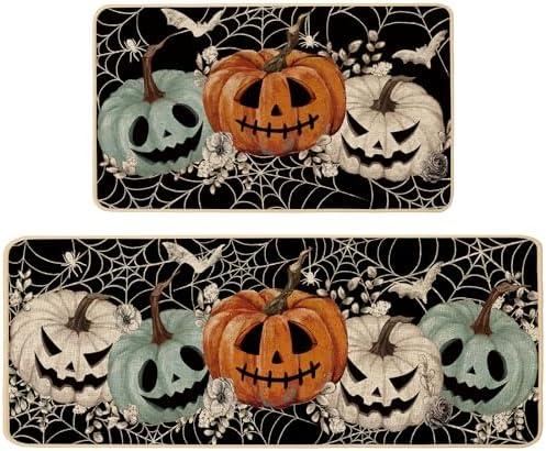 Baccessor Halloween Kitchen Mats Set of 2, Spooky Pumpkins Spider Web Ghost Kitchen Mat Rug Low-Profile Non Slip Absorbent Kitchen Floor Mats for Fall Home Party Decor 17x29 and 17x47 Inch (Black)