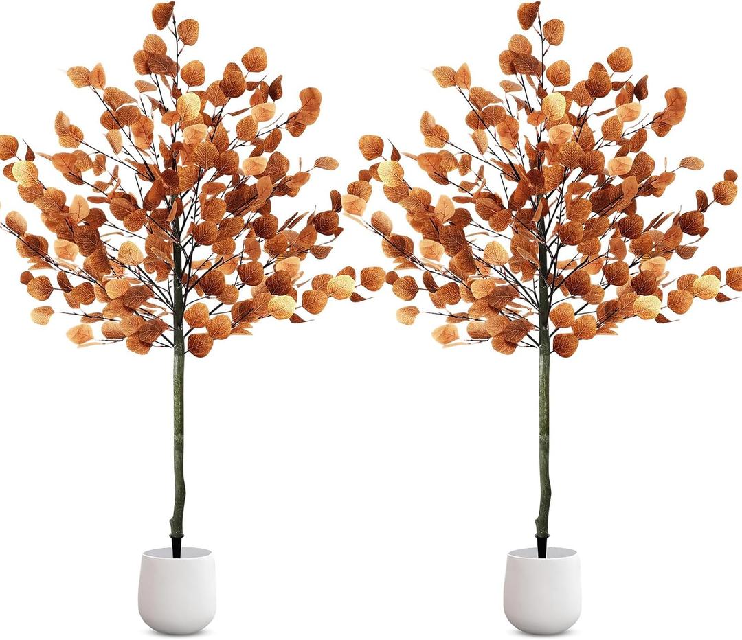 Lunmon 2 Pack Eucalyptus Artificial Tree, 4ft Faux Fall Tree with Spike, Christmas Decorations for Home Porch, Realistic Leaves Plant Decor for Outdoor Indoor,Without Vase