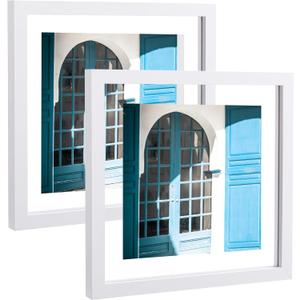 eletecpro 12x12 Floating Picture Frames Set of 2, Clear Double Glass Picture Frames for Wall Mount, Display Multi-size Photos and Artworks up to 12x12 Inches, Home Decor, White