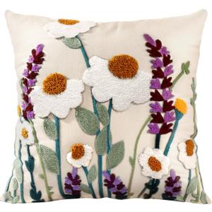 Embroidered Throw Pillow Cover - 20x20 Decorative Pillow Cover with Zipper Aesthetic Cute Design Boho Spring Summer Throw Pillowcase for Living Room Couch Sofa Bed, Wild Floral