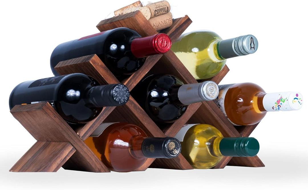 Rustic State Alella Countertop Wood Wine Rack for 8 Bottles Holder and Cork Storage Tabletop Butterfly Sleek Design Freestanding Organizer - Home, Kitchen, Dining Room Bar Dcor - Walnut