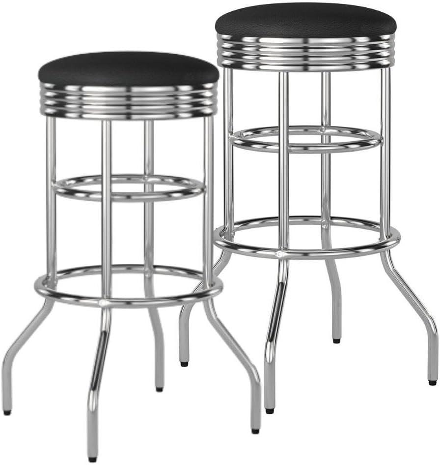TRINITY Heavy Duty 30-Inch Backless Swivel Bar Stool for Kitchen, Garage, or Workshop, Chrome Finish with Faux Leather Seat, 2 Pack, Black