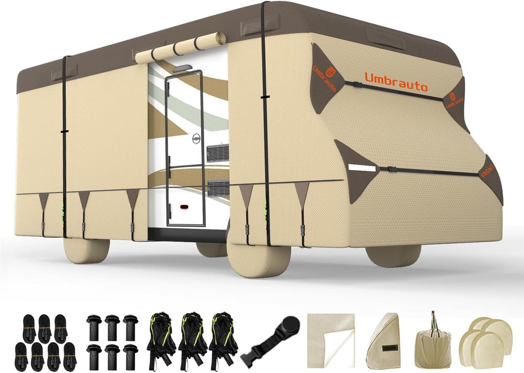 Umbrauto Class C RV Cover  2025 Upgraded Heavy-Duty 7-Layer Top, Windproof & Breathable Class C Motorhome Cover for 23-26 Ft, Includes 3 Extra Straps, 4 Tire Covers & Gutter Covers