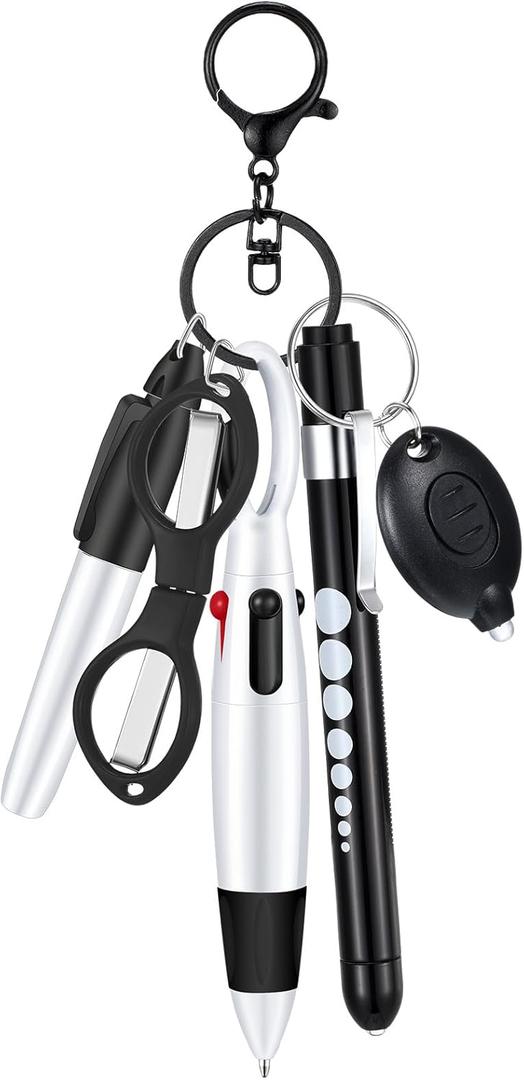 MotiMind 6 Pcs Nurse Pen Set Include Permanent Marker Pen Retractable Ballpoint Pen Keychain Clip Foldable Scissors Lights LED Flashlight Keychain for Nurse Accessories(Black)
