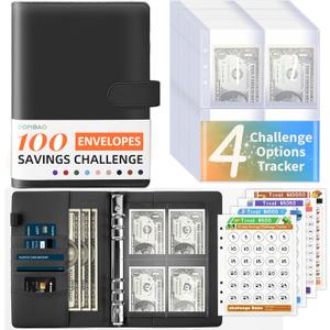 100 Envelopes Money Saving Challenge Binder, A5 Budget Binder with Envelopes and Challenge Tracker, Savings Challenges Planner Book to Save $500, $1000, $5050, $10000 (Pure Black)
