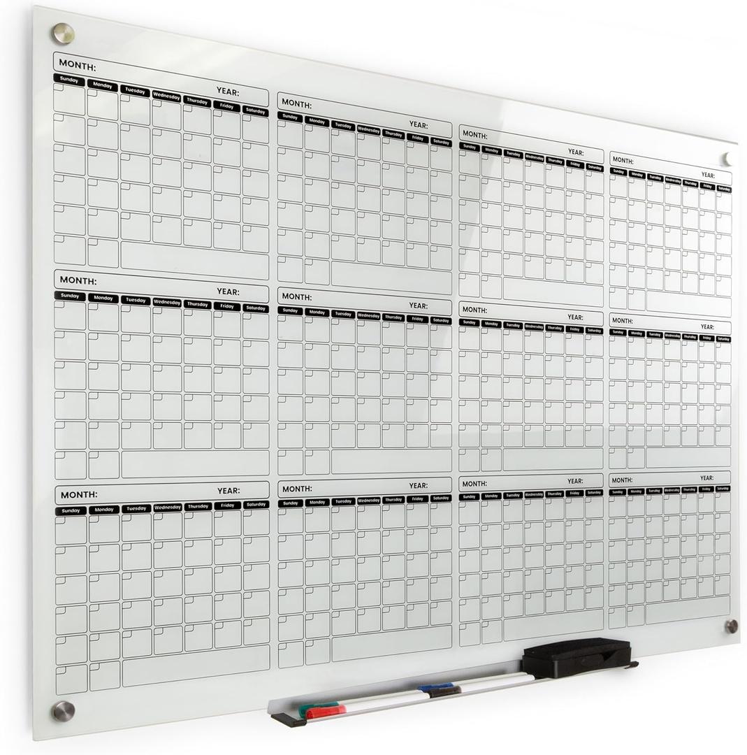 Real Glass Dry Erase Yearly Calendar, Giant Size 34" x 46", Tempered Glass Surface, Frameless Wall Mount, With 4 Assorted Color Markers and Eraser, by Better Office Products (Bright White)