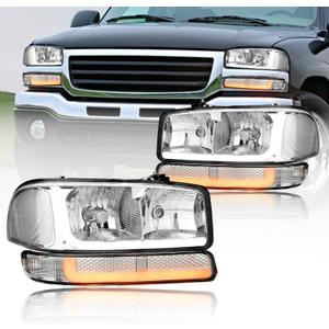 LED DRL Headlights Assembly Compatible with 1999-2007 GMC Sierra / 2000-2006 Yukon XL 1500 2500 Excluding Denali Vehicles Clear Reflector Chrome Housing