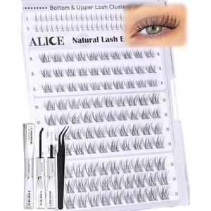 ALICE Short Lash Clusters Kit 8mm-10mm-12mm Natural Clear Band Cluster Eyelash Extension Kit Wispy Eyelash Clusters Kit with Bottom Lashes Bond and Seal DIY at Home