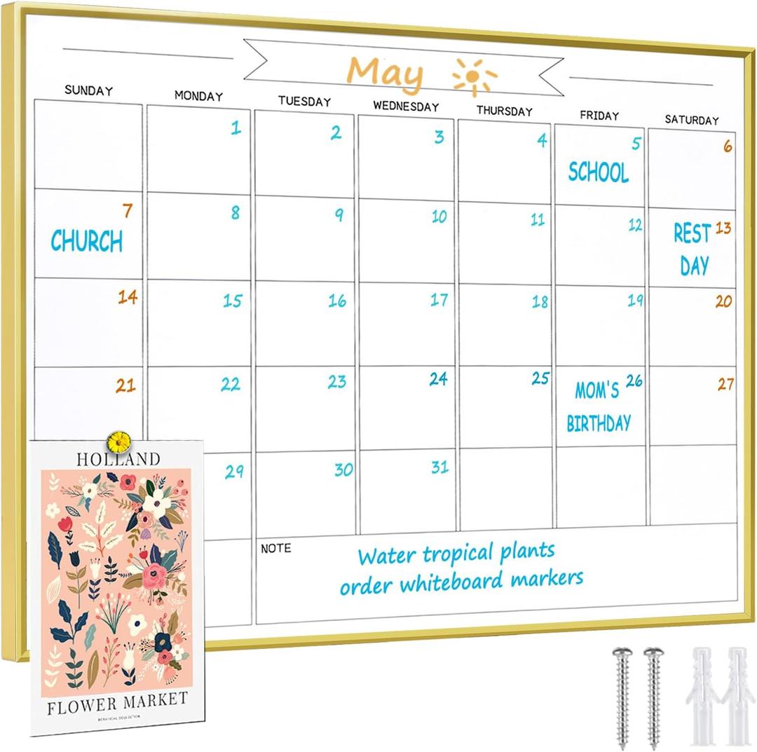Dry Erase Monthly Calendar Whiteboard, 10.5"x 14.5" Gold Aluminum Frame, Magnetic White Board for Wall Office/School/Home, Hanging Board for Decoration/Kitchen Grocery ListYL-Gold-2737-B