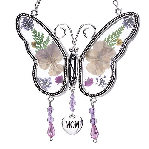 Laraine Butterfly Suncatcher with Pressed Colourful Flower Wings Mother's Day Butterfly Glass Wind Chime Ornament Charm with Metal Heart Gifts for Mom Grandma Birthday (Yellow Mom)