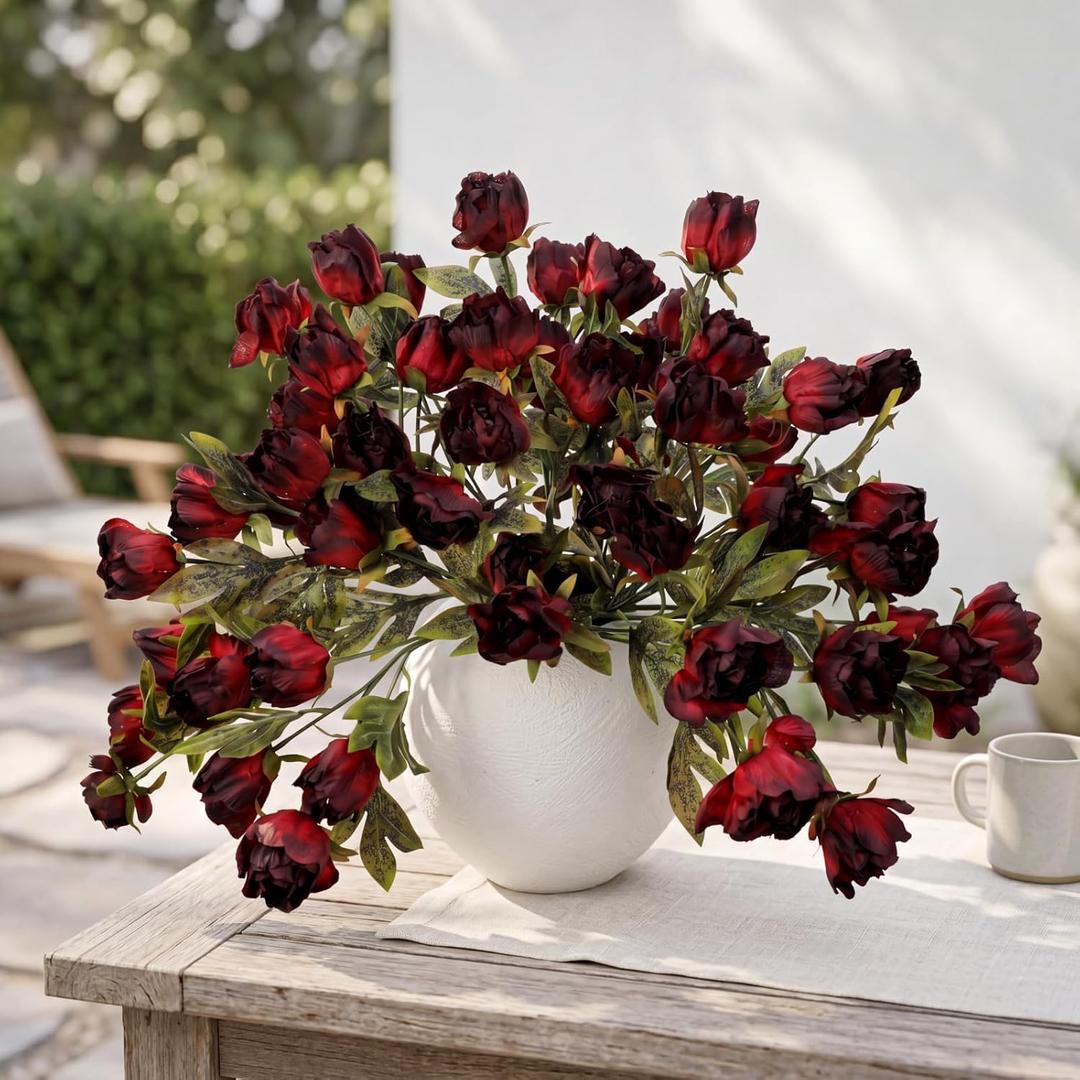 Yinder 8 Pcs 27.5'' Artificial Peony Long Stem Flowers Bulk Vintage Fake Silk Peonies Stems Real Look Faux Peonies Branches for Vase Filler DIY Bouquet Centerpiece Arrangement Home Decor (Red,Black)