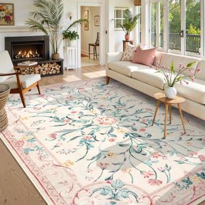 Morebes Pink Floral 8x10 Washable Rug for Living Room, Cute Large Area Rugs for Girls Bedroom Non Slip, Soft Low Pile Indoor Carpet for Nursery Playroom Kids Dining (Pink 8'x10')