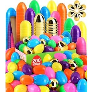 LEASEN [ 6 Surprise Golden Eggs ] 200 Pack Plastic Easter Eggs Bulks, 2.3 Inch Empty Easter Eggs, Bright Colors Plastic Eggs Fillable for Easter Hunt, Basket Stuffers Fillers, Easter Party Favor