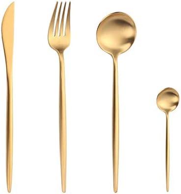 Luxury Stainless Steel Flatware, 4 Pc. Set with Fork, Knife, and Spoons, Modern Cutlery, Mirror Polished Finish, Decorative Kitchen Silverware in Gold, Black, or Silver (Gold)