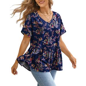 YESNO Women's Summer Tops Casual V Neck Babydoll Blouses Floral Short Sleeve Peplum Shirts TH2 (L)