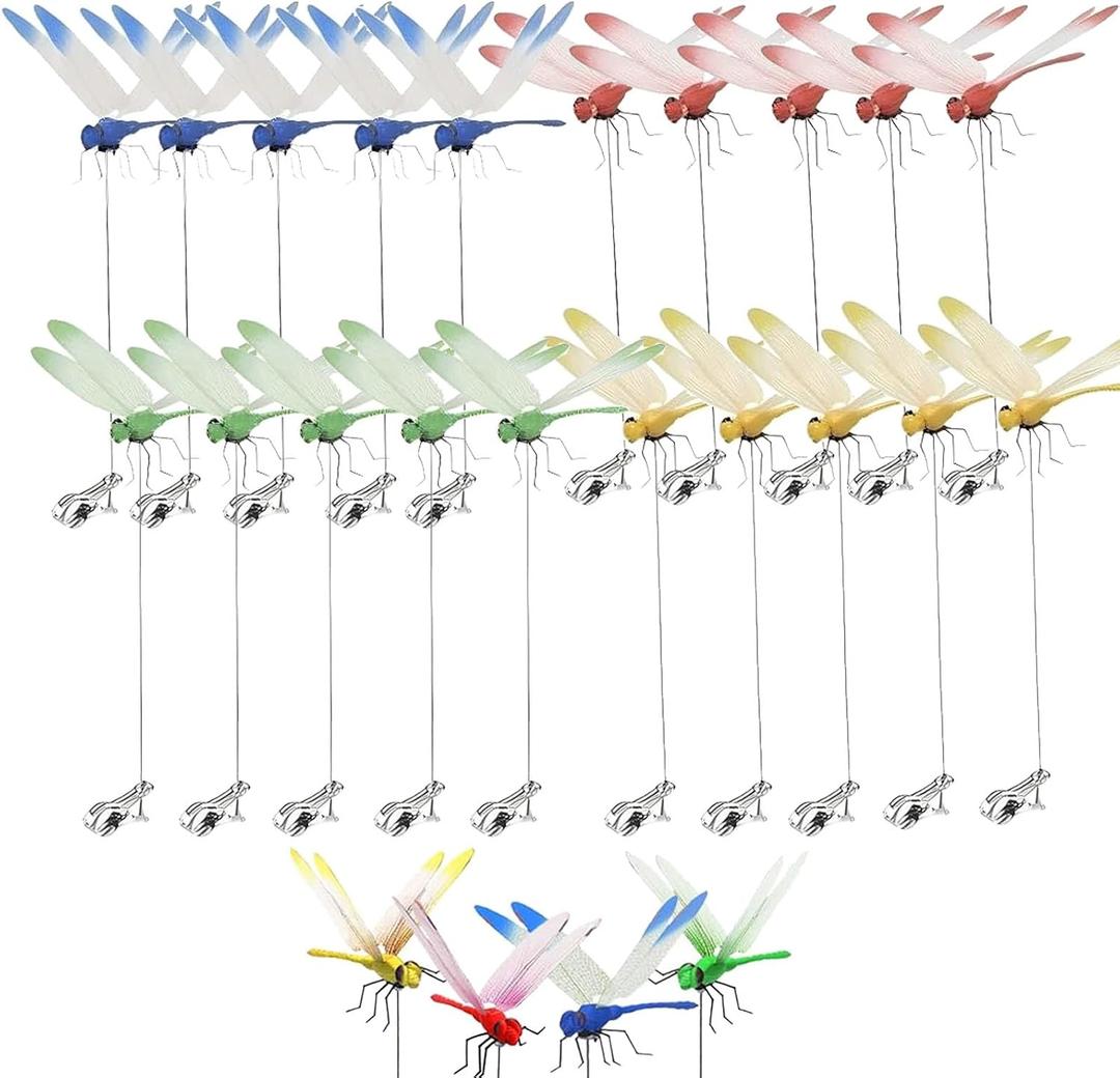 20 Pcs Dragonfly Clips for Bugs Repellent, 3D Artificial Dragonfly Hat Clips Garden Decor, Garden Bird and Fly Scare Devices for Indoor Outdoor