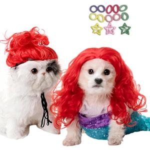 Red Funny pet Wig  DIY Haircut & Adjustable Fit  Red Wig Mermaid Costume for Pets Cat & Dog Costume for Halloween, Party, Photo Shoots  3D Natural Look  Fits 5kg-50kg Pets