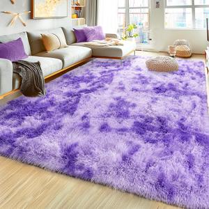 Xexsin Ultra Fluffy Area Rugs for Living Room Bedroom, 6x9 Fuzzy Large Living Room Rugs, Thick Shag Rug for Dorm, Soft Non Slip Kids Girls Boys Rug for Home Decor Aesthetic, Tie-Dyed Purple