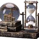 LED Music Snow Globe with Hourglass Vintage Castle Paris Eiffel Tower Home Decoration for Living Room Bedroom Book Shelf TV Cabinet Desk Table Top Decor Centerpieces Ornaments (A - Brass)