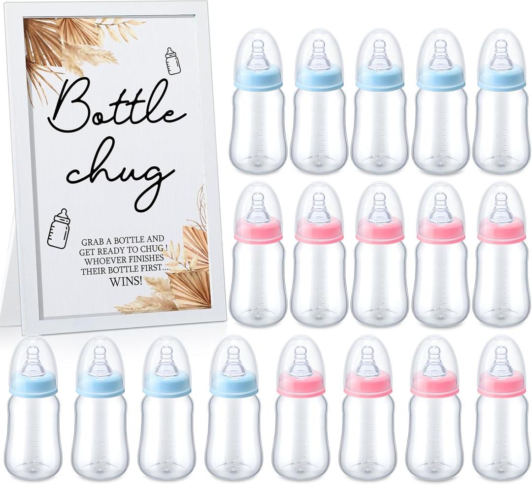 Roowest Bottle Chug Baby Shower Games Favors Including 18 Pcs Bottles with 1 Bottle Chug Wooden Sign for Gender Reveal Baby Shower Party Supplies(Pink, Blue, Boho)