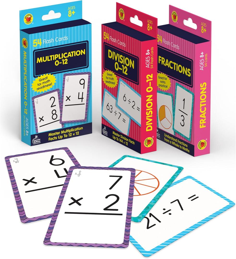 Carson Dellosa Education Division, Fractions, and Multiplication Flash Cards, 3 Sets of Flashcards, Math Games for Kids 8-12, 3rd Grade Mathematics Practice and Up