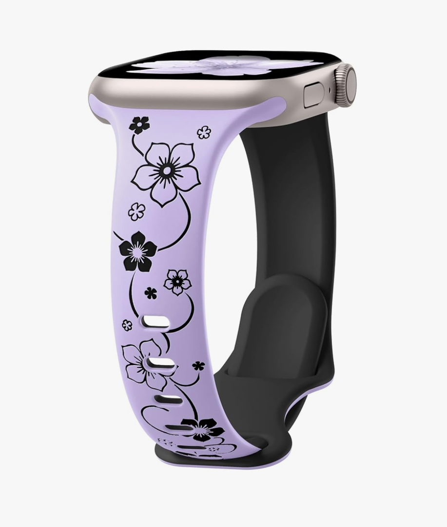 Lerobo Slim Thin Two-Tone Compatible with Apple Watch Band 40mm 38mm 41mm 42mm 44mm 45mm 46mm 49mm for Women- Soft Cute Flower/Heart Engraved Sport Band for iWatch Series 10 9 8 7 6 5 4 3 SE Ultra 2 1, A Purple/Black