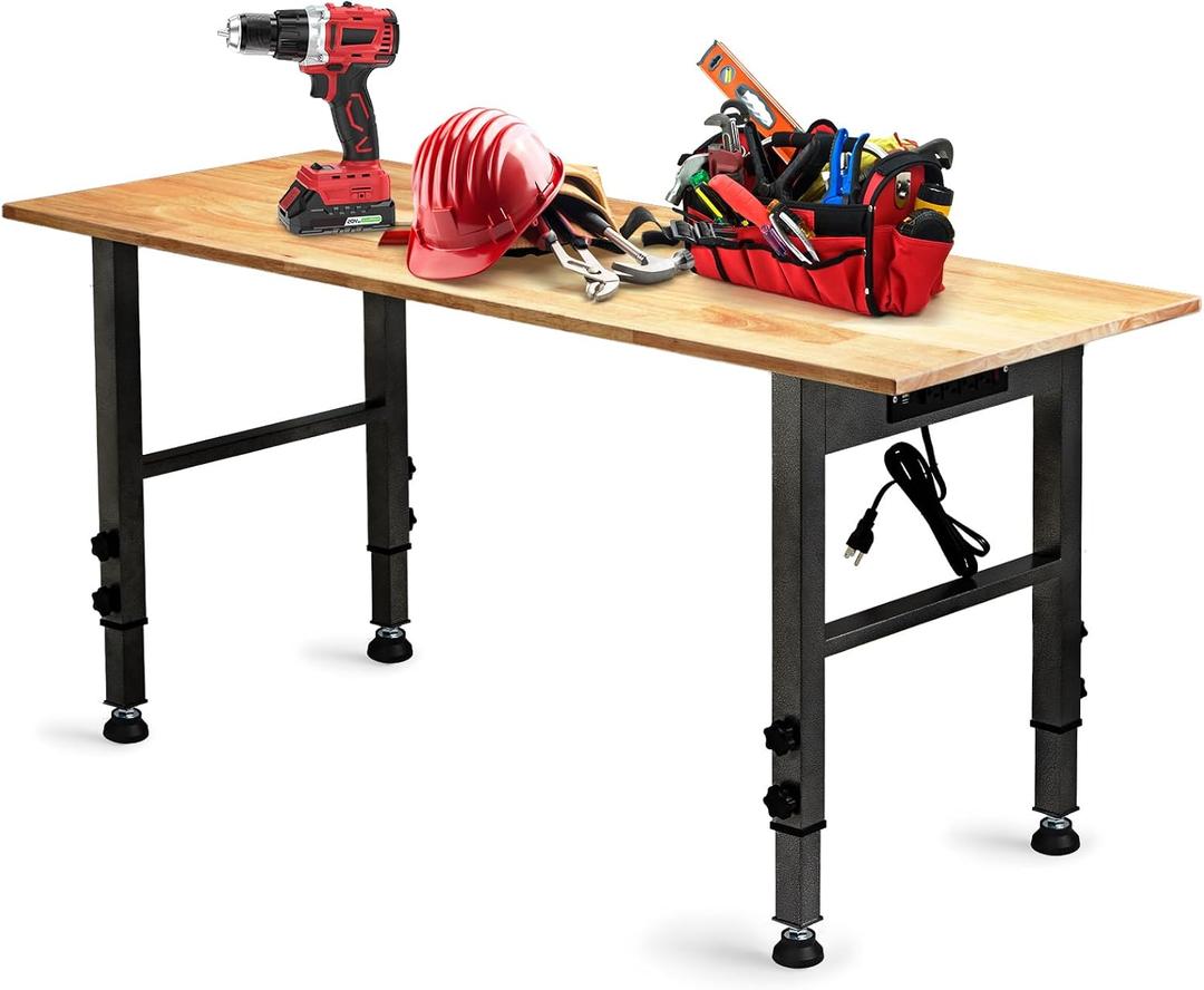 OLBRUS 54.3 "Adjustable Workbench with Power Outlet, Heavy Duty 2000 LBS Load Capacity Hardwood Workbench Suitable for Workshop, Office, Garage, Home (Rubber PadPower Outlets 54.3"x21.6")