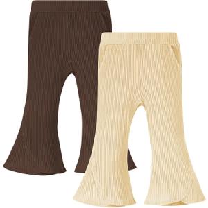 2 Pack Baby Girl Pants Toddler Ribbed Bell Bottoms with Pockets Stretchy Solid Ruffle Newborn Girl Flare Leggings (18-24 Months, Brown/Apricot)