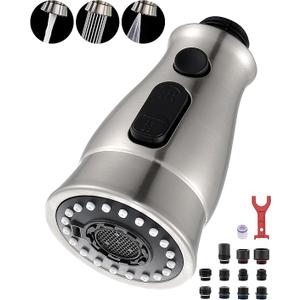 J-HVA Kitchen Faucet Sprayer Head Replacement with 15 Adapters (UPDATED) - Pull Down Kitchen Sink Faucet Spray Nozzle Head Replacement 3-Function Tap Spray Head for Kitchen Sink, Brushed Nickel