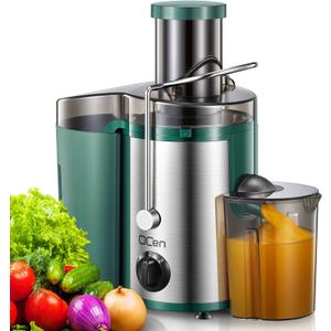 QCen Juicer Machine, 500W Centrifugal Juicer Extractor with Wide Mouth 3 Feed Chute for Fruit Vegetable, Easy to Clean, Stainless Steel, BPA-free (Green)