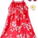 QRT Hawaiian Girls Red Dress CostumeSunglasses Flower Hair Clip,Princess Sundress Halloween Cosplay Beach Party Outfit (110)