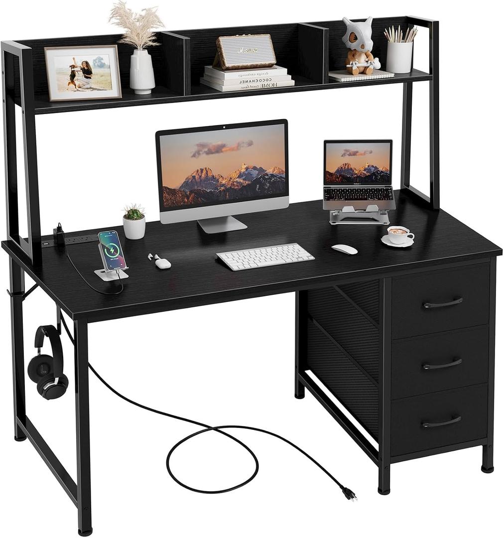 DLisiting Black Computer Desk with Hutch & Drawers - Office Desk with 3 Storage Drawers and Power Outlets, 47 Inch Modern Study Writing Desk for Bedroom Home Office, 47.2"