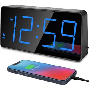 Peakeep Digital Alarm Clock for Bedroom Bedside, Loud Alarm Clock for Heavy Sleepers, Large Big LED Numbers for Seniors, Battery Backup Plug in Electric Clock with USB Charger (Blue)