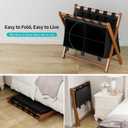 Bamboo Luggage Rack with 4 Storage Compartments, Foldable Suitcase Stand for Guest Room, 150lbs Capacity, Sturdy, Space-Saving and Easy to Assemble Organizer