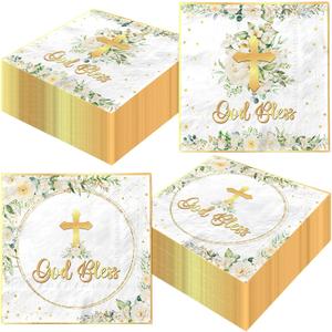40pcs Floral God Bless Napkins Baptism Decorations for Girl Baptism Paper Napkins Religious Disposable First Communion Holy Christening Party Supplies