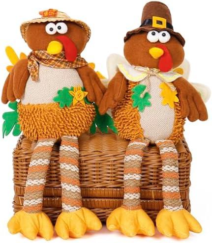 OurHonor 2 Pack Turkey Stuffed Animal, Thanksgiving Table Decor Turkeys Plush Fall Couple Doll Indoor Gift for Thanksgiving Day Party Boys and Girls