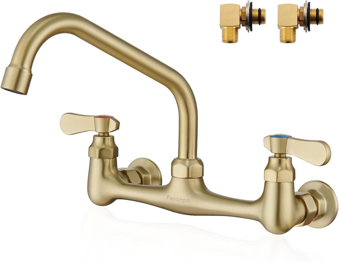 Wall Mount Kitchen Sink Faucet 8 Inch Center Wall Mounted Commercial Faucet with 8 Inches Swivel Spout 2 Handle for Utility Laundry Room Restaurant Sink (Gold)