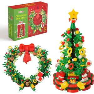 Christmas Tree or Wreath Building Set for Adults and Kids, Creator Building Toy Kit for Holiday Decoration, Tabletop Christmas Tree Gift, 2 Building Options in 1 Set