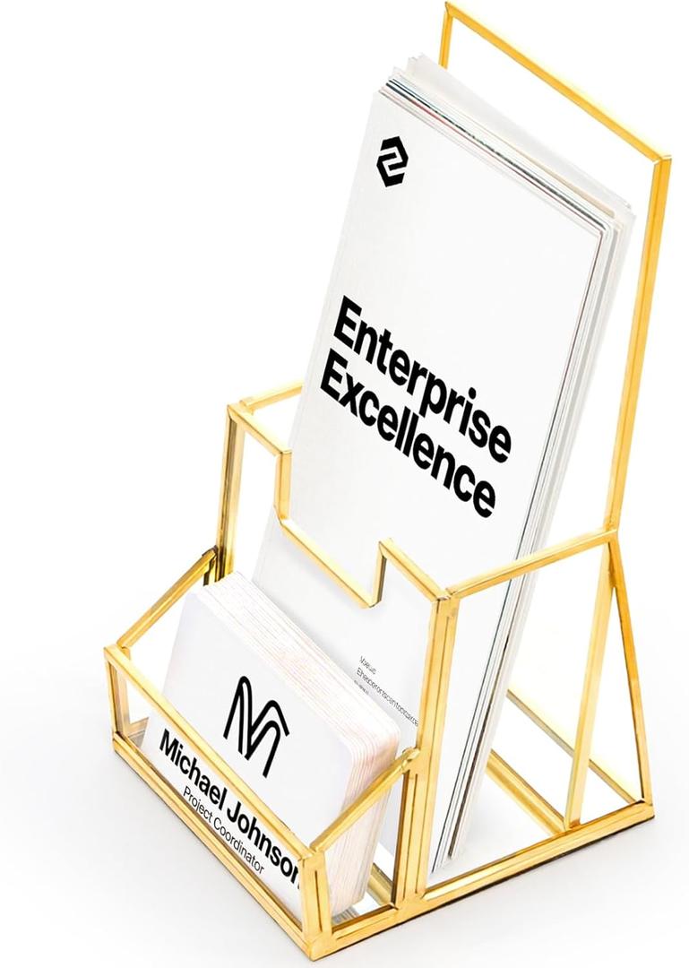 Gold Glass Brochure Holder for 4 Inch Wide Trifold Handouts, Countertop Clear Literature Pamphlet Holder Flyer Display Stand with Business Card Holders for Magazines, Booklets, Menu, Journals
