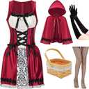 Halloween Costume for Women, Adult Red Dress with Cape Basket Gloves and Net Tights Accessories (Large)