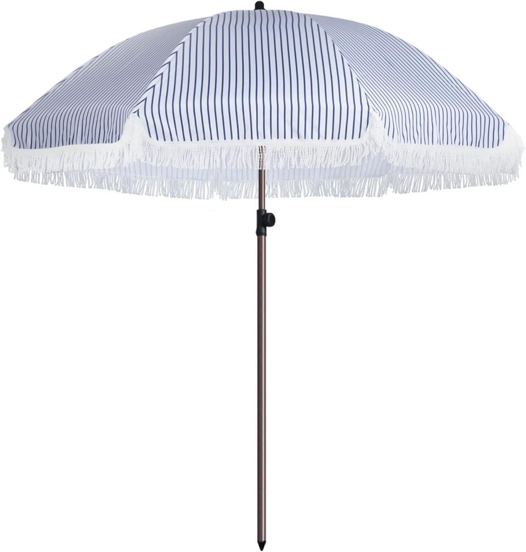 7.5Ft Patio Beach Umbrella with Fringe & Tassel, UPF50+ Push Button Tilt & Crank, Ideal for Garden, Lawn, Deck, Yard & Pool