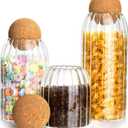 3Pcs Glass Storage Container with Round Ball Cork,Coffee Bean Jar Glass Cork Clear Stripe Glass Bottles with Cork Glass Canisters for Food, Coffee, Sugar, Spice, Tea,DIY (500ml / 700ml / 1000ml)
