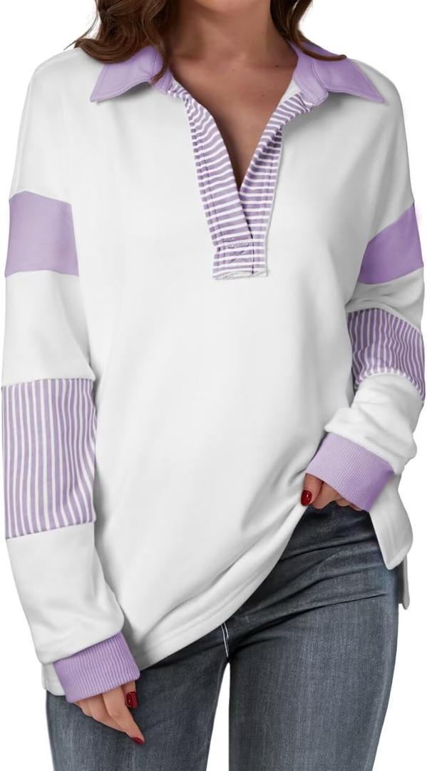 BLENCOT Women Oversized Sweatshirts Color Block Long Sleeve Loose V Neck Fall Outfits 2024 Fashion Slit Pullover (Small, Purple)