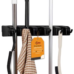 Heavy Duty ABS Plastic Broom Holder with 5 Slots and 6 Hooks | Wall Mount Mop and Broom Hanger | Waterproof Broom Organizer with Screws| Wall Mount Tool Organizer for Garage Storage