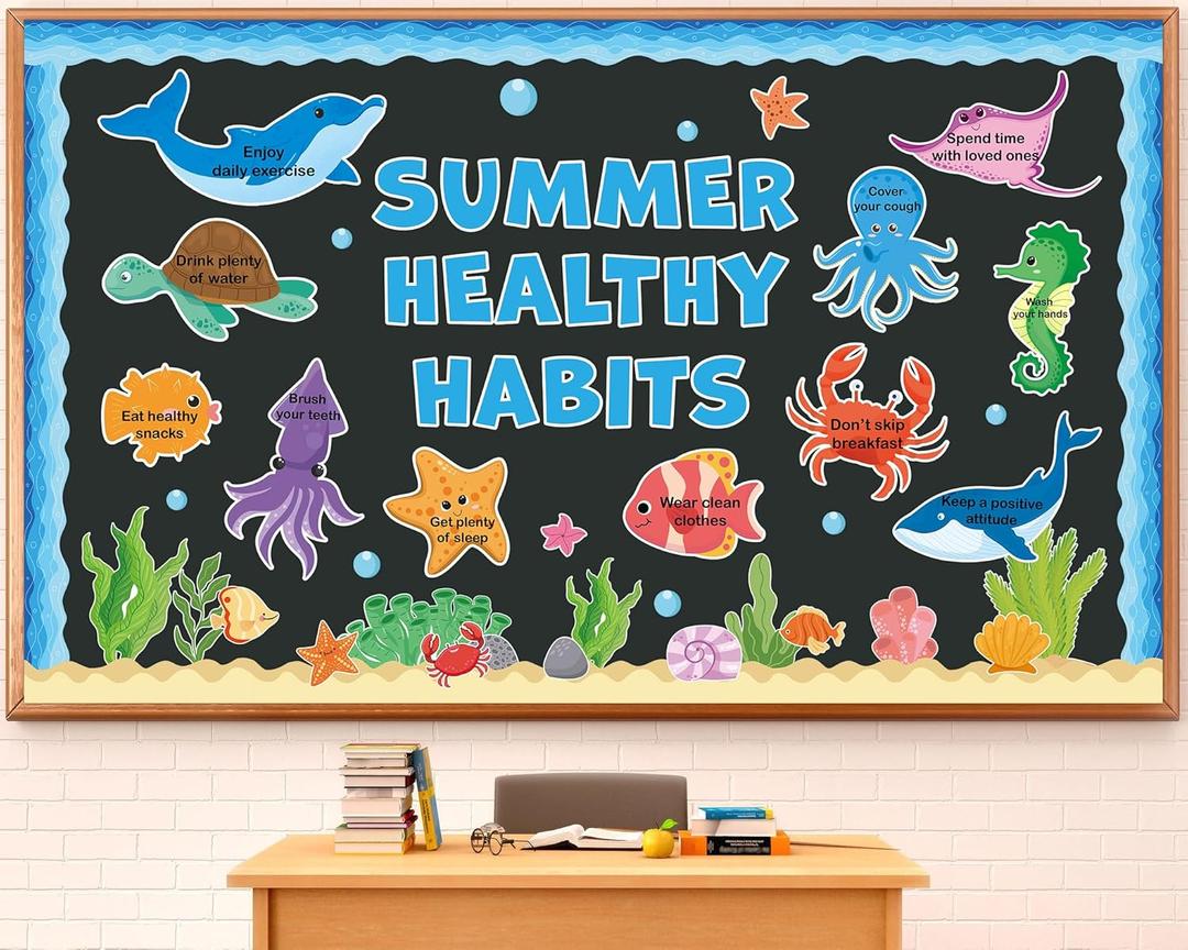 2 x Summer Healthy Bulletin Board Set Ocean Animals Health Habits Classroom Decorations Back to School Paper Cutouts Under the Sea Bulletin Board Borders for School Nursery Home Office Wall Door Decor